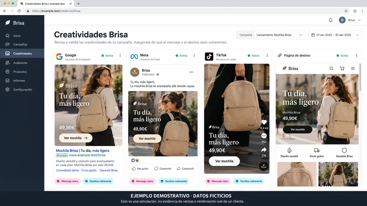Demostración generada: Anuncios de ejemplo con fotografías, mensaje claro y destino alineado