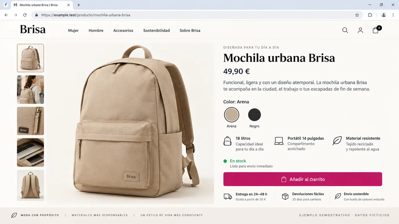 Generated demonstration: Example backpack product page with a large photograph, clear variants and purchase options, with Spanish text