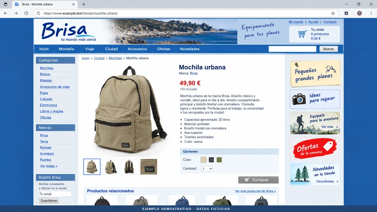 Generated demonstration: Example backpack product page with an old design and an inconspicuous purchase option, with Spanish text