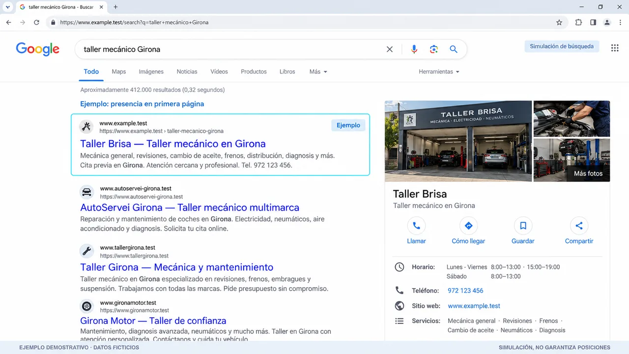 Generated demonstration: Simulated search showing Taller Brisa on the first page, with Spanish text; not a guaranteed result