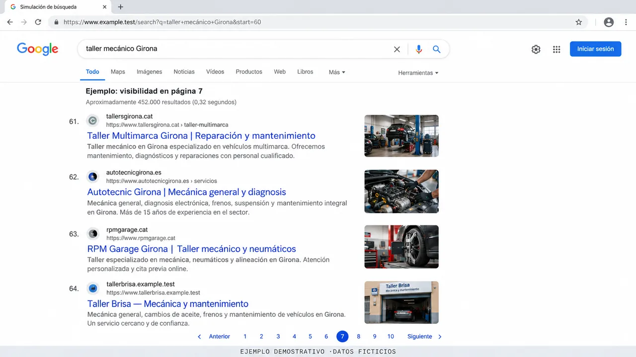 Generated demonstration: Simulated search showing Taller Brisa on page seven, with Spanish text