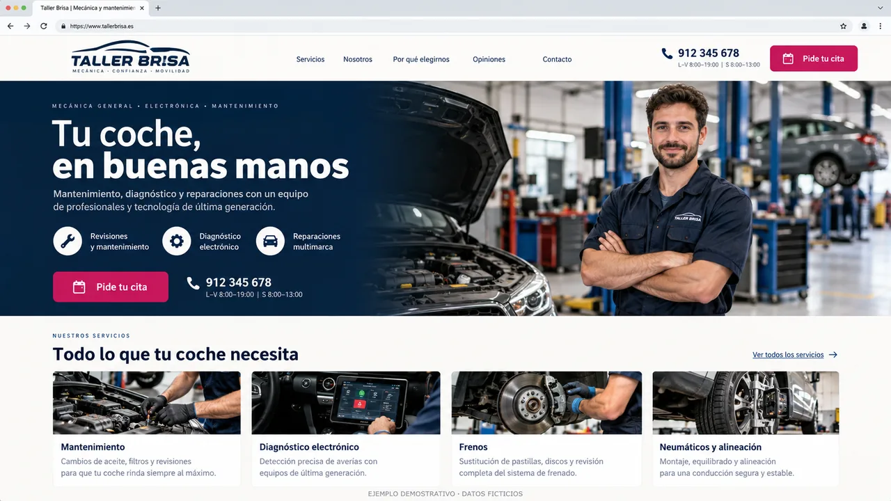 Generated demonstration: Modern example garage website with prominent photographs and contact details, with Spanish text